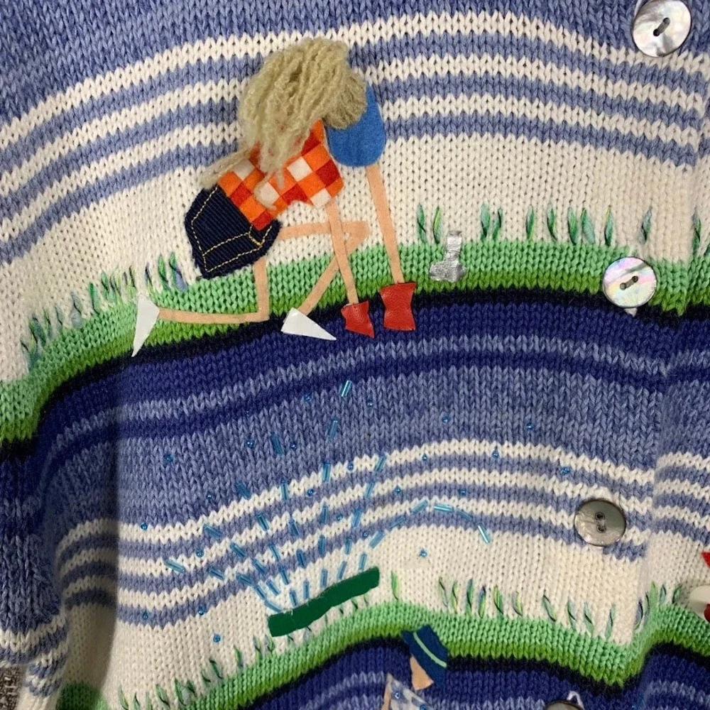 Susan Bristol Womens Short Sleeve Garden Embroidered Cardigan Blue Size M